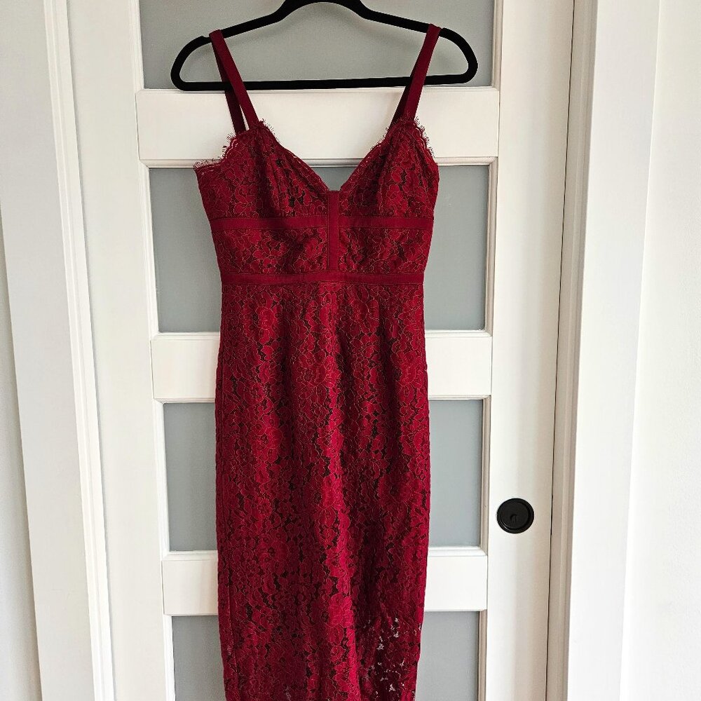 Keepsake magenta laced tea length dress